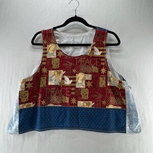 Handmade Upcycled Patchwork Vest Womens Angel Dove Peace Print Crop Top Blue Red
